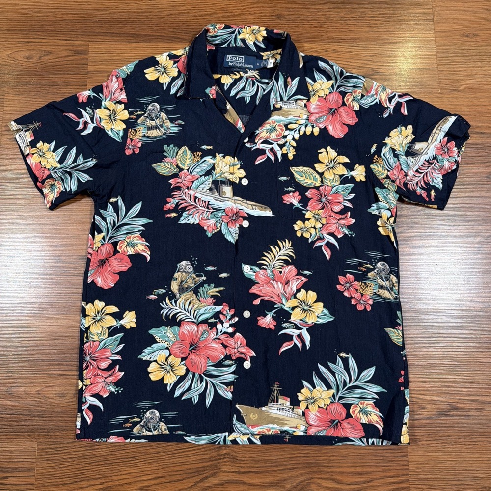 Polo Ralph Lauren Tropical Floral Camp Shirt Deep Sea Diver Nautical Men's M